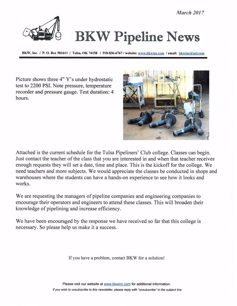 BKW March Newsletter, 2017 plus Tulsa Pipeline Club College